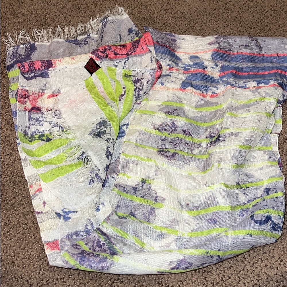 Asian Eye Cotton Linen Batik Scarf, Pink Aqua Lime Abstract Floral Stripes